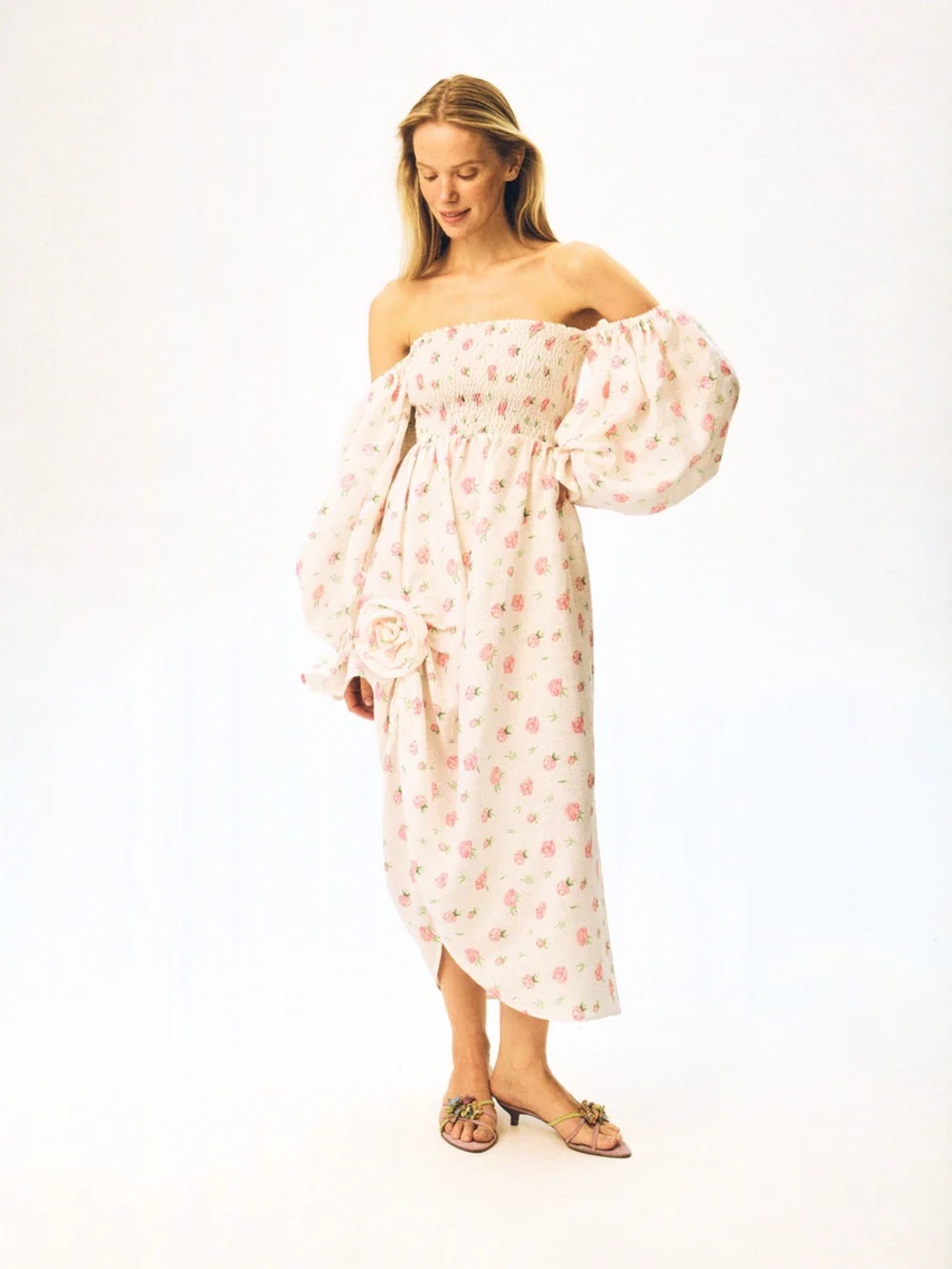 Sleeper Off Shoulder Atlanta Linen Dress with Rose Detail in Roses. NWOT.